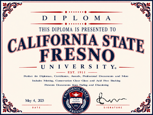 Diploma cover from California State Fresno University with decorative elements.