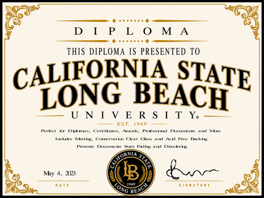 Diploma cover with 'California State Long Beach University' text and logo.