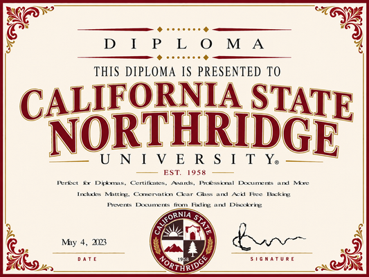 Diploma cover from California State Northridge University with decorative border and text.