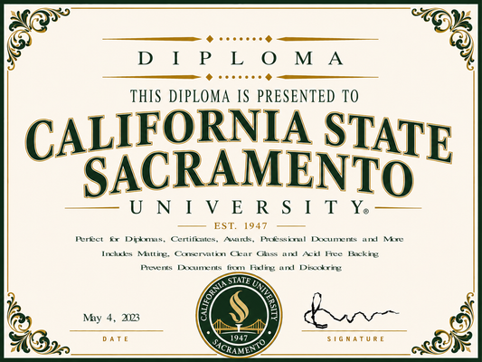 Diploma cover from California State Sacramento University with decorative elements and text.