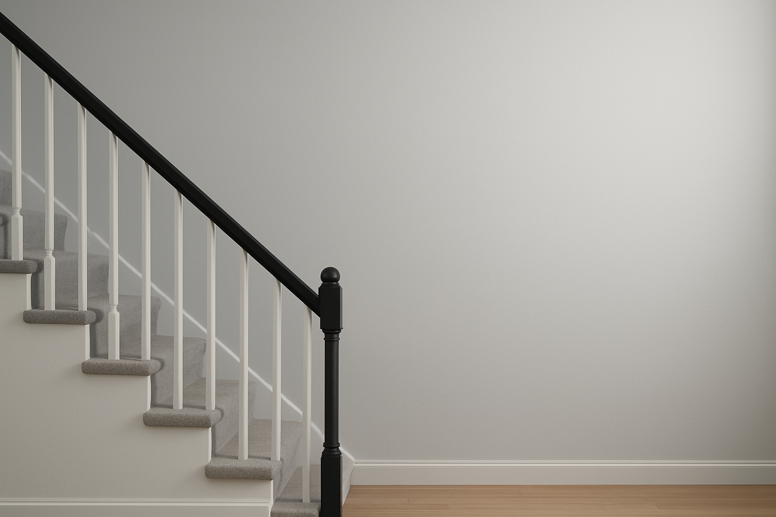 Simple interior with a white staircase featuring a black handrail and grey carpeted steps, against a plain grey wall and light wood floor.