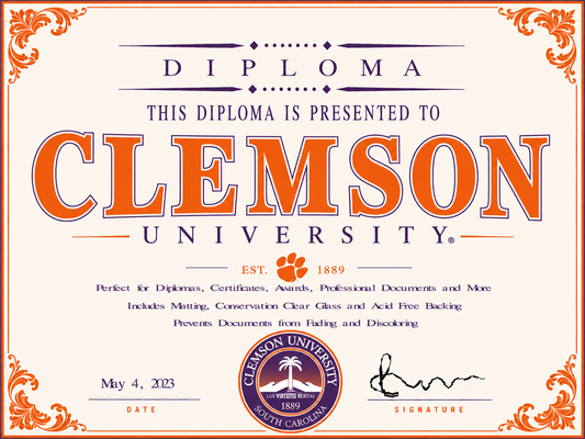 Diploma cover for Clemson University with decorative elements and text.