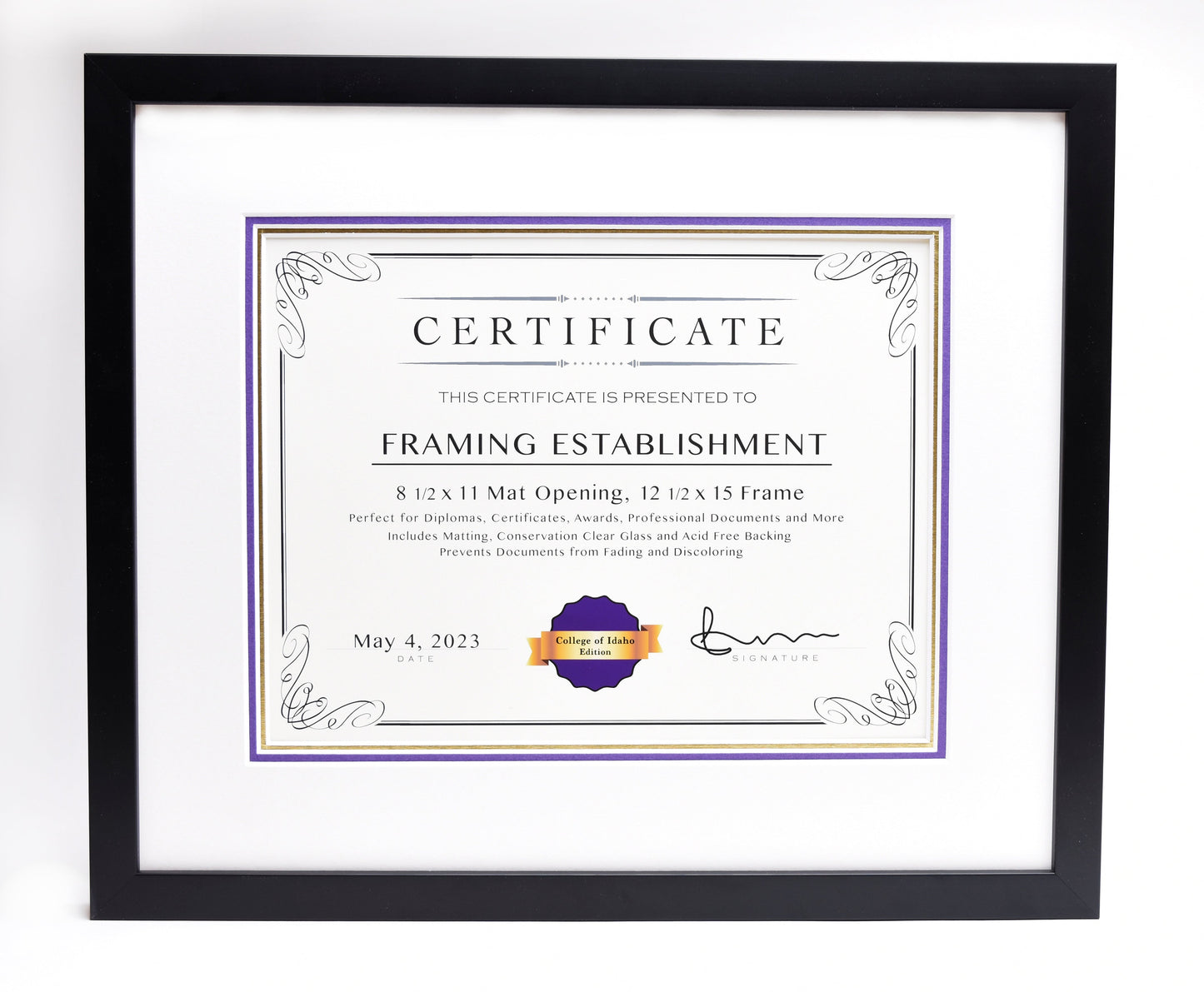 Framed certificate with ornate border, reading "Framing Establishment." Dated May 4, 2023, with a purple seal. Black frame, elegant presentation.  
