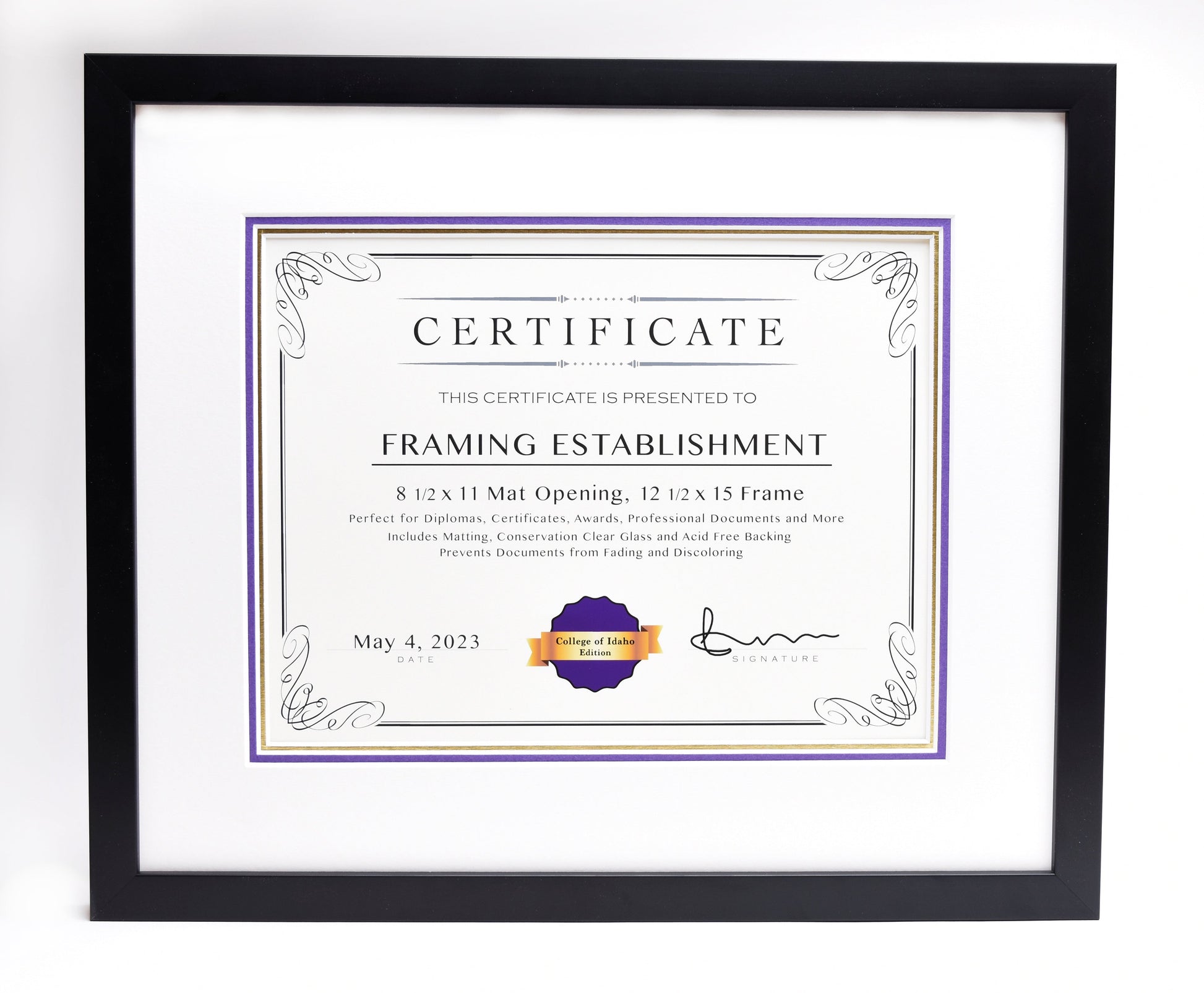 Framed certificate with ornate border, reading "Framing Establishment." Dated May 4, 2023, with a purple seal. Black frame, elegant presentation.  