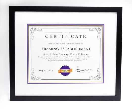 Framed certificate with ornate border, reading "Framing Establishment." Dated May 4, 2023, with a purple seal. Black frame, elegant presentation.  