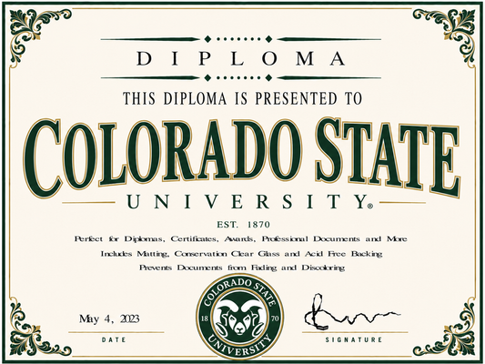 Diploma cover for Colorado State University with decorative elements and text.