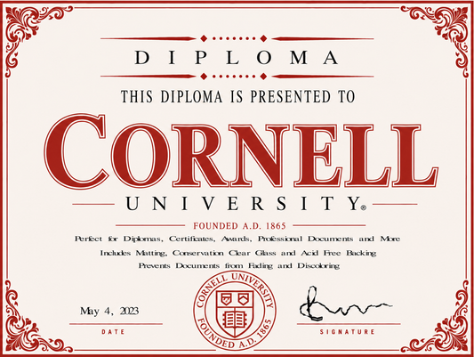 Cornell University diploma cover with decorative border and text