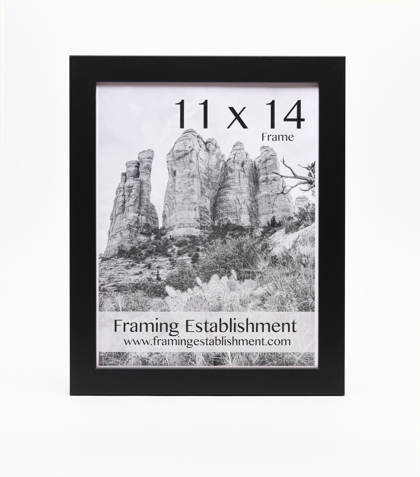 Black frame displaying a black-and-white photo of towering rock formations, labeled "11 x 14 Frame" with "Framing Establishment" and website below.