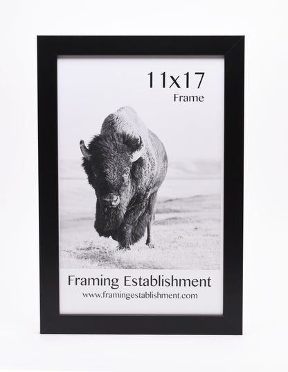 Black-framed photo of a bison walking, labeled "11x17 Frame." Text below reads "Framing Establishment," with a website link. Professional and minimalist design.