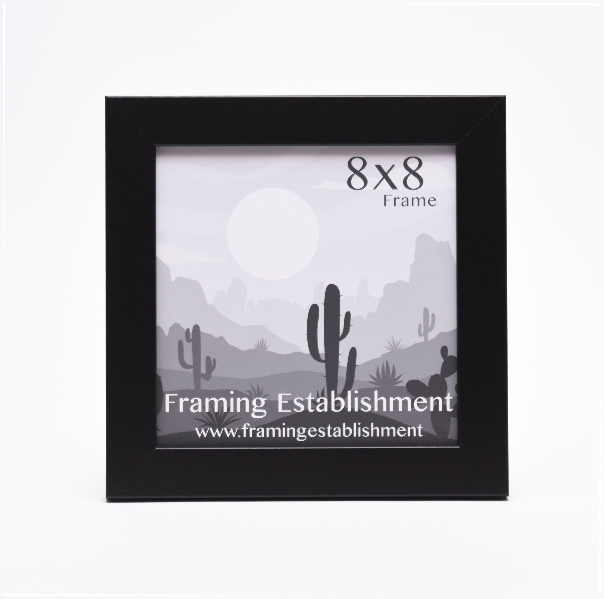 Black 8x8 frame with a grayscale desert illustration featuring cacti and hills under the sun. Text reads "Framing Establishment." Simple and modern.
