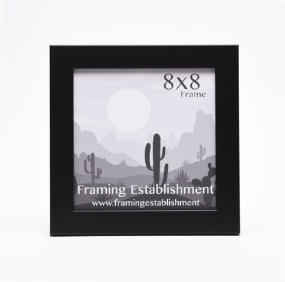 Black 8x8 frame with a grayscale desert illustration featuring cacti and hills under the sun. Text reads "Framing Establishment." Simple and modern.