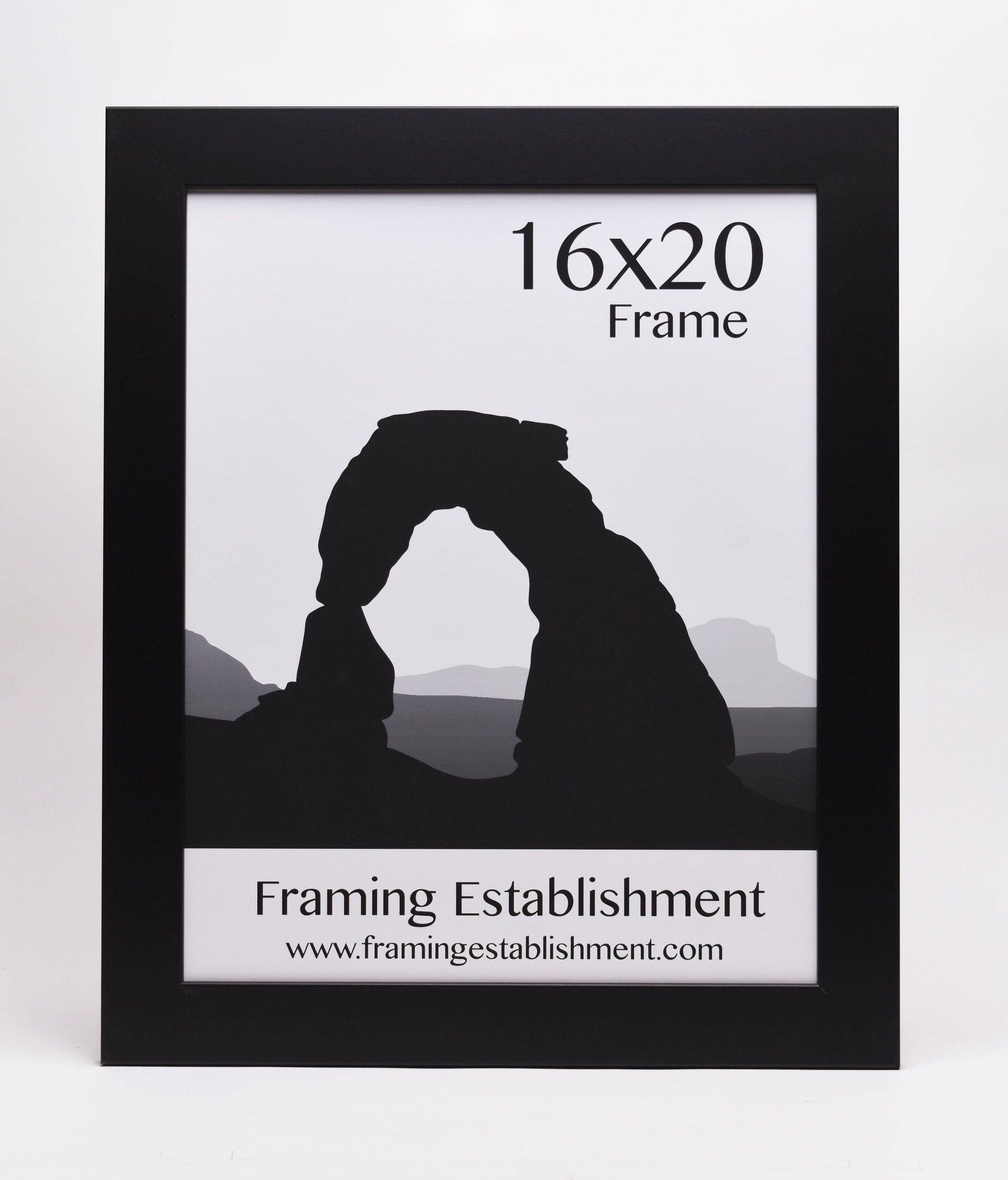 Black frame displaying a simple black and white illustration of a rock arch. Text reads "16x20 Frame, Framing Establishment," with the website URL below.