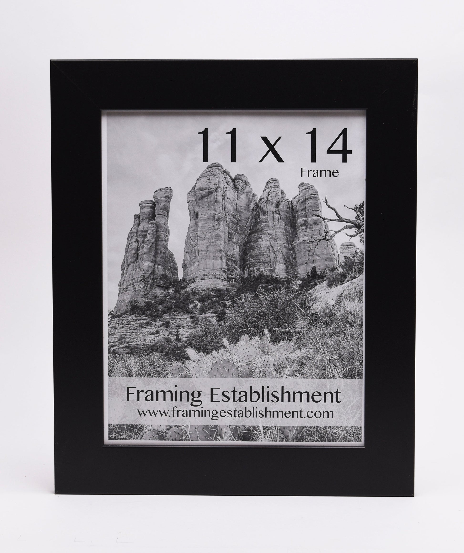 A black frame displays a monochrome landscape of tall rock formations. The label reads "11 x 14 Frame" and "Framing Establishment," conveying a serene, natural setting.