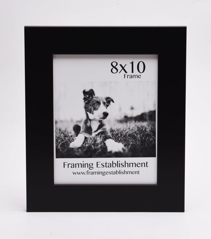 A black 8x10 photo frame displays a black-and-white image of a cute dog lying in the grass. Below, text reads "Framing Establishment." The scene is serene.
