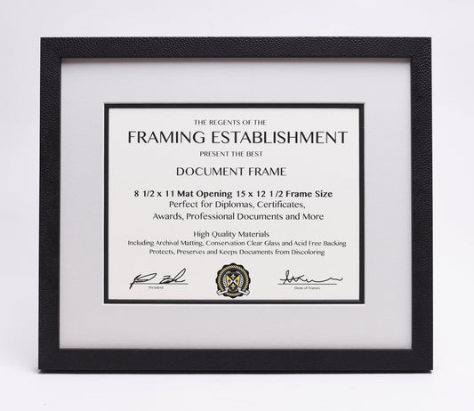 Black-framed document displaying "Framing Establishment" text, suitable for diplomas and awards. Emphasizes quality materials and protective features. 