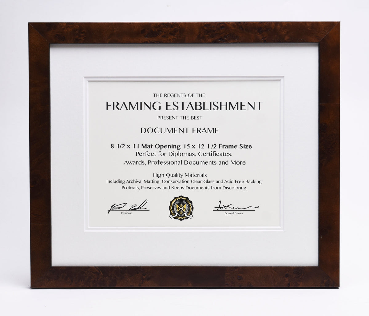 Framed certificate for a framing establishment. Includes text on mat and frame sizes, signatures, and a decorative emblem. Brown wooden frame.
