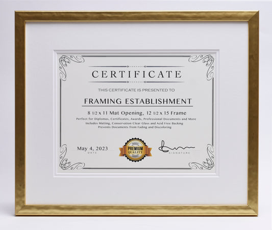A certificate in a gold frame with decorative corners, titled "Framing Establishment." Includes a premium quality seal, date May 4, 2023, and a signature.  