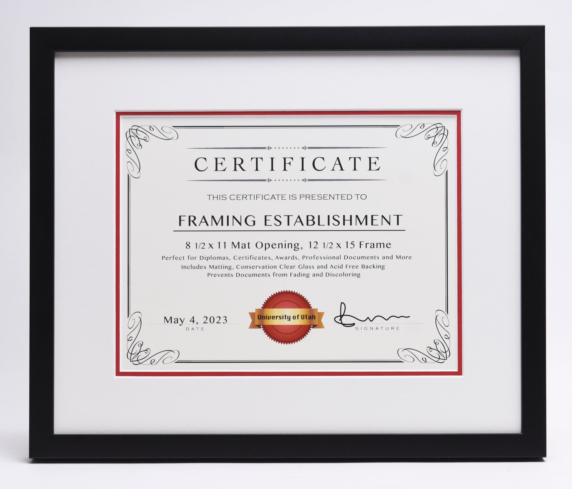 Framed certificate for "Framing Establishment" with decorative border. Includes a seal labeled "University of Utah" and a signature. Dated May 4, 2023. 