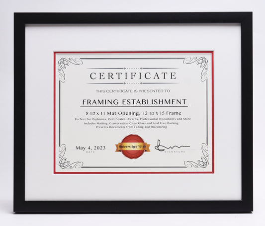 Framed certificate for "Framing Establishment" with decorative border. Includes a seal labeled "University of Utah" and a signature. Dated May 4, 2023. 