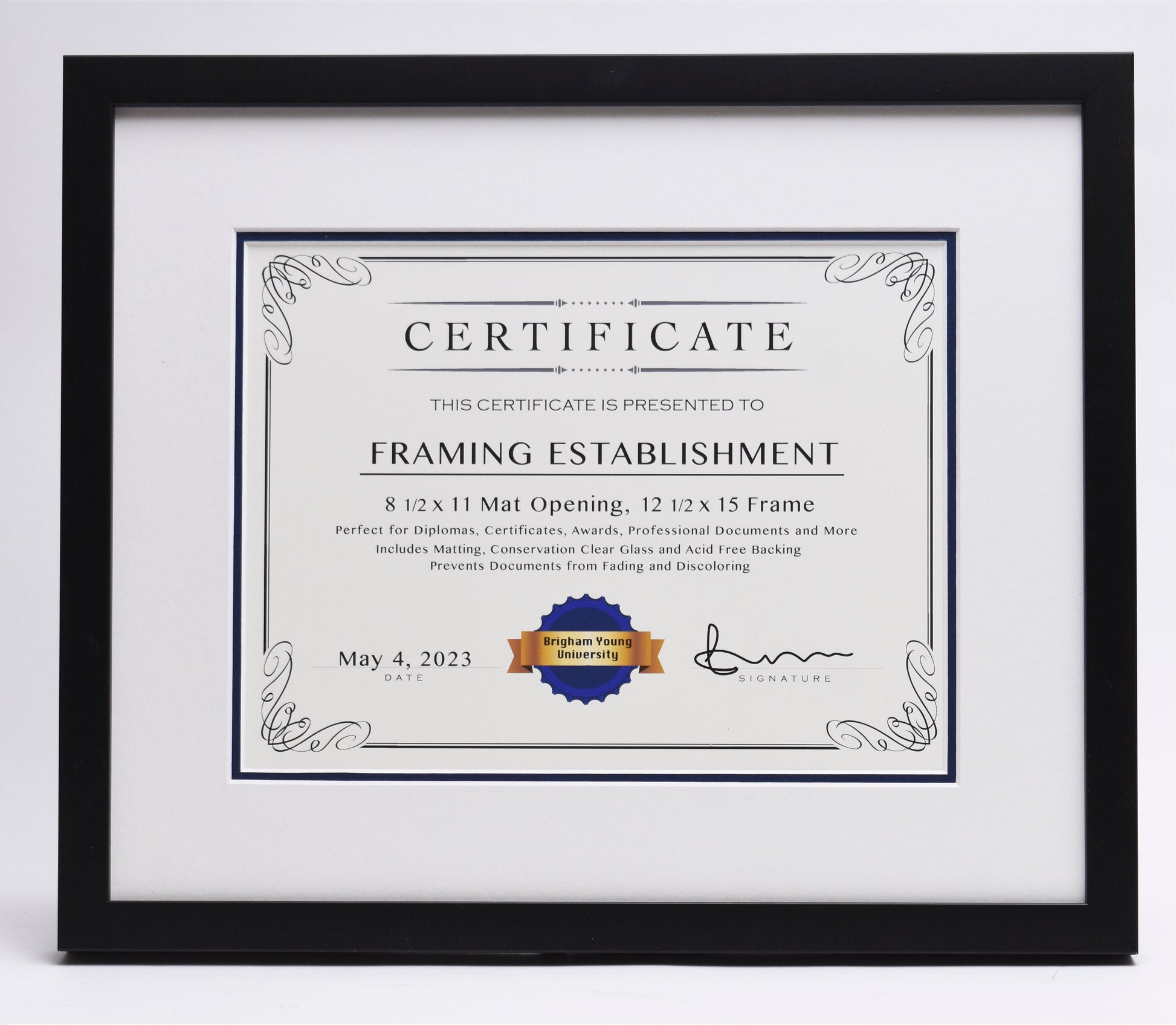 Framed certificate for a framing establishment, dated May 4, 2023. Features decorative borders and a seal labeled "Brigham Young University."