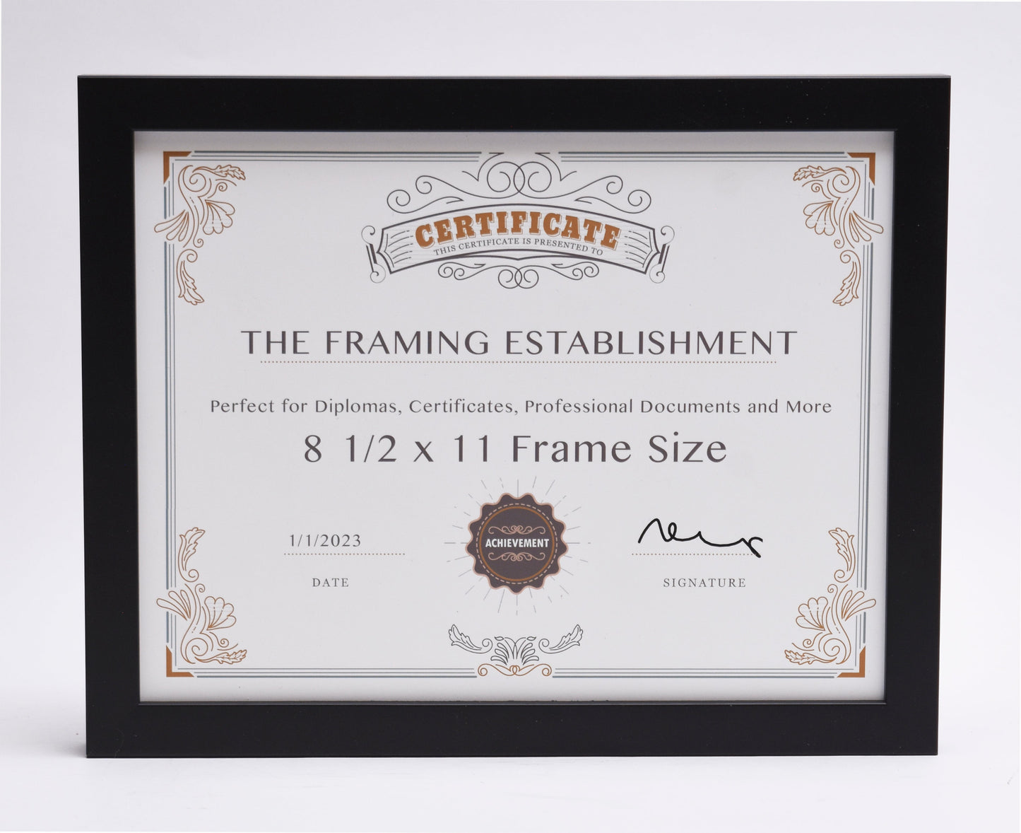 Framed certificate with decorative border, labeled "The Framing Establishment." Text includes frame size, date of 1/1/2023, and a blank signature line.  