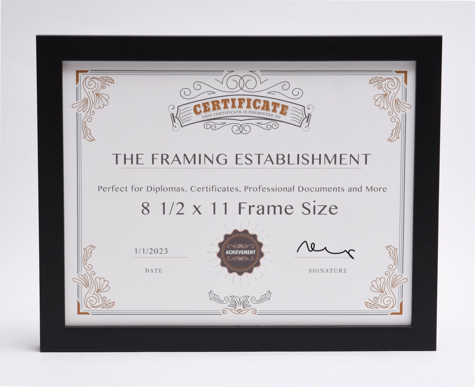 Framed certificate with decorative border, labeled "The Framing Establishment." Text includes frame size, date of 1/1/2023, and a blank signature line.  