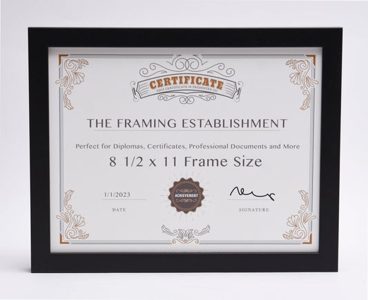 Framed certificate with decorative border, labeled "The Framing Establishment." Text includes frame size, date of 1/1/2023, and a blank signature line.  