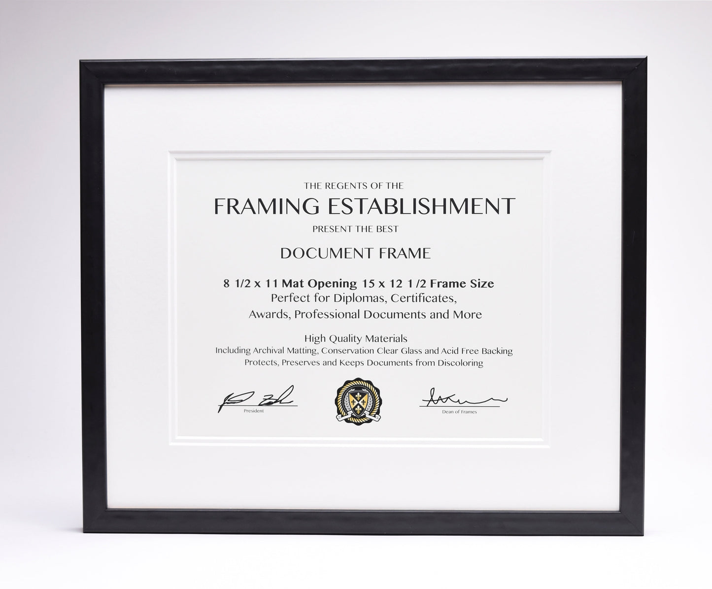Black picture frame with a document insert stating "Framing Establishment" and detailing size and material specifications, ideal for diplomas.