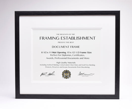 Black picture frame with a document insert stating "Framing Establishment" and detailing size and material specifications, ideal for diplomas.