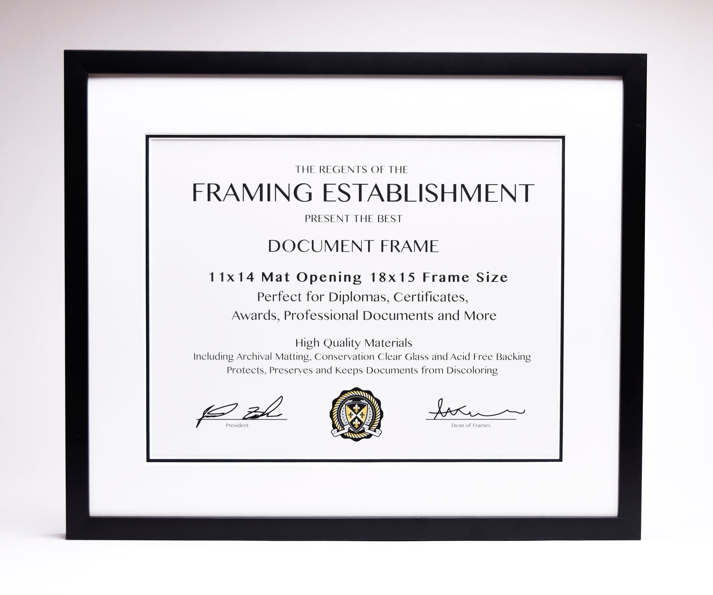 A document frame with a black border showcases specifications for diploma framing. Includes signatures and a seal, conveying professionalism and quality.
