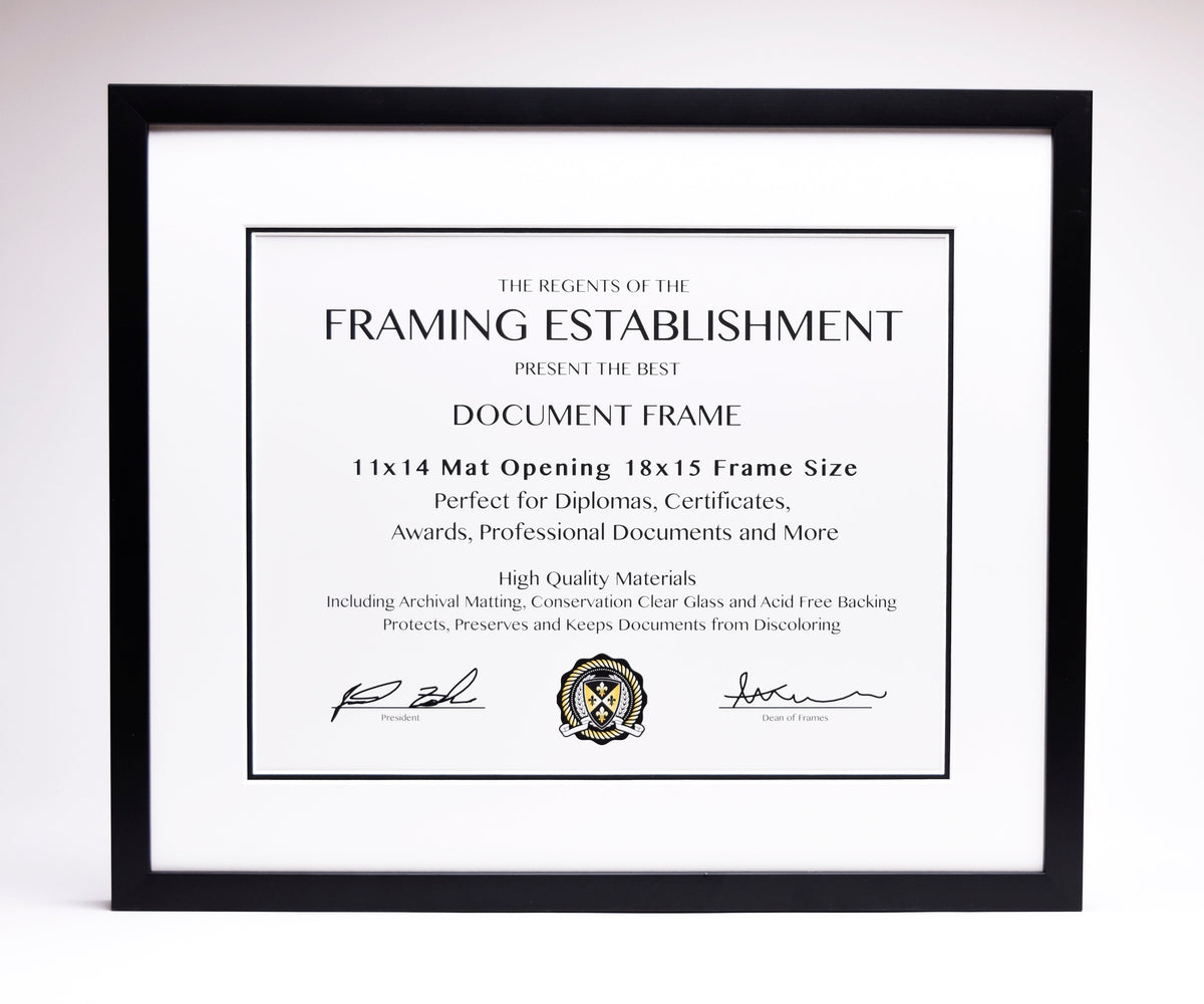 A document frame with a black border showcases specifications for diploma framing. Includes signatures and a seal, conveying professionalism and quality.