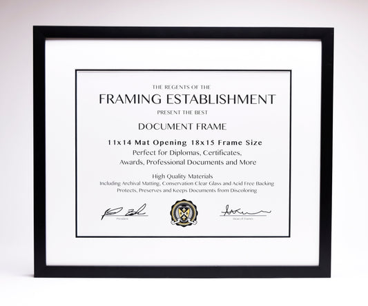 A document frame with a black border showcases specifications for diploma framing. Includes signatures and a seal, conveying professionalism and quality.