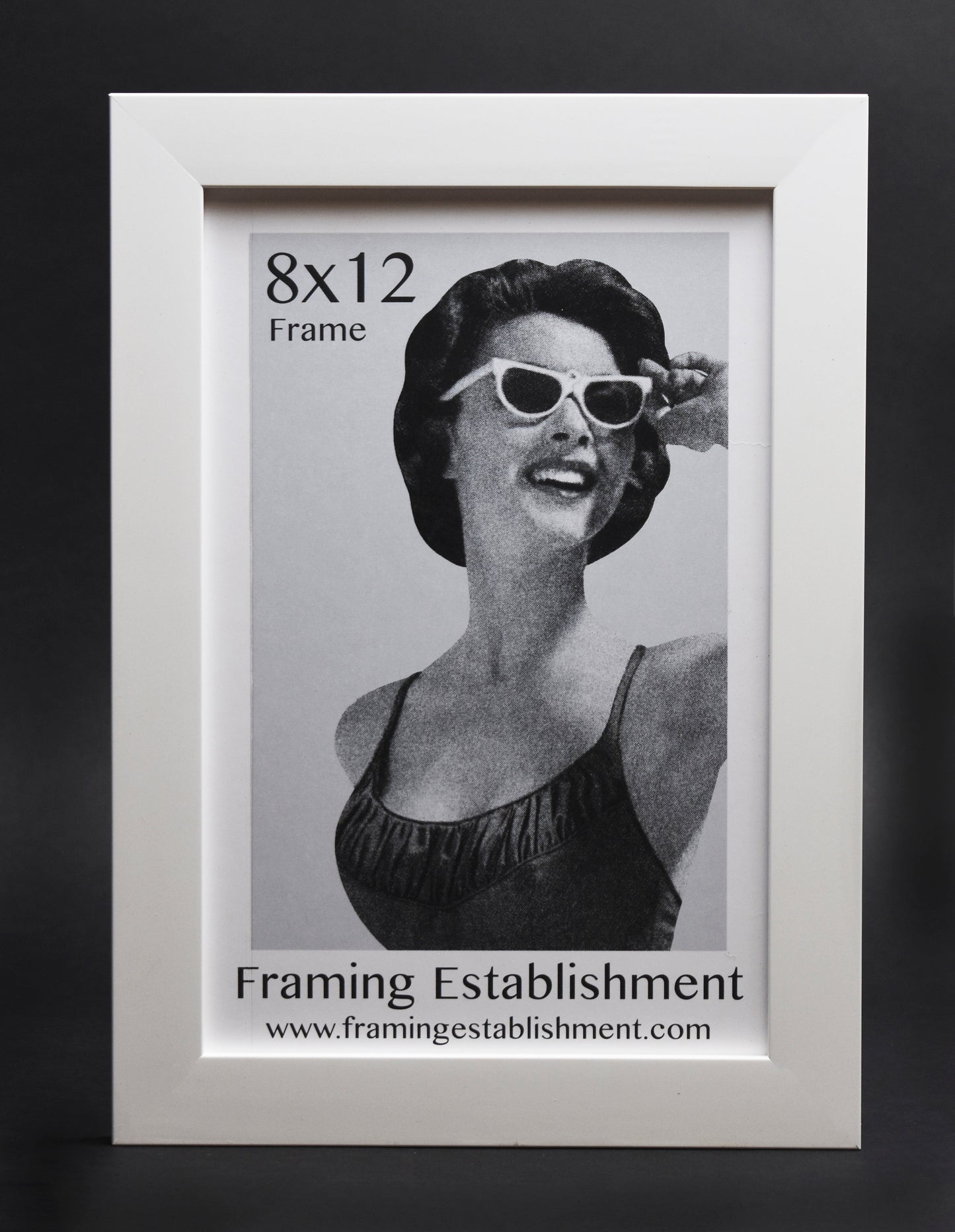 A white satin wall frame with a glass front, labeled '8x10 FRAME' and a picture of a dog inside. The frame has a white backing and a sawtooth hanger.