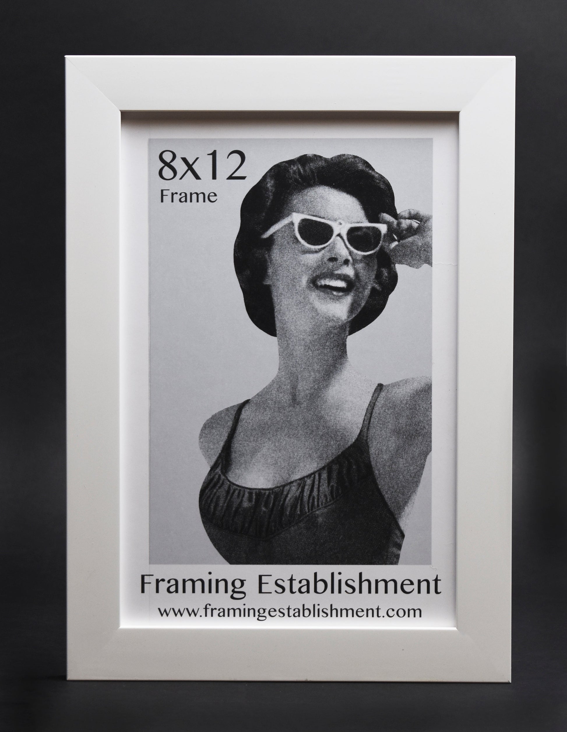A white satin wall frame with a glass front, labeled '8x10 FRAME' and a picture of a dog inside. The frame has a white backing and a sawtooth hanger.