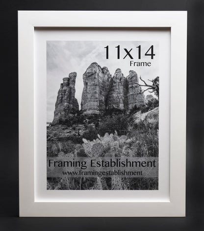 A white satin wall frame with a glass front, labeled '8x10 FRAME' and a picture of a dog inside. The frame has a white backing and a sawtooth hanger.