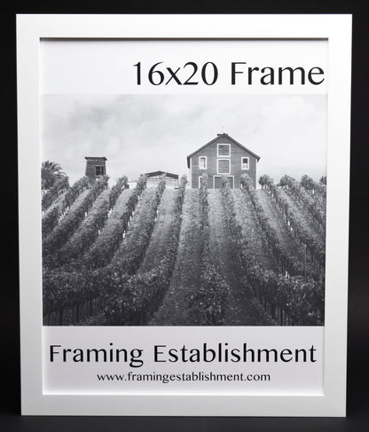 A white satin wall frame with a glass front, labeled '8x10 FRAME' and a picture of a dog inside. The frame has a white backing and a sawtooth hanger.