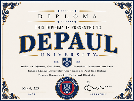 DePaul University diploma cover with decorative elements and text.