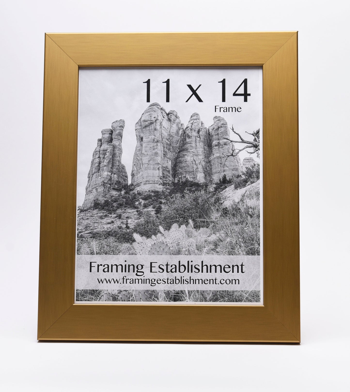 A gold photo frame holding a black and white image of tall rock formations. The text "11 x 14 Frame" and "Framing Establishment" is visible below.