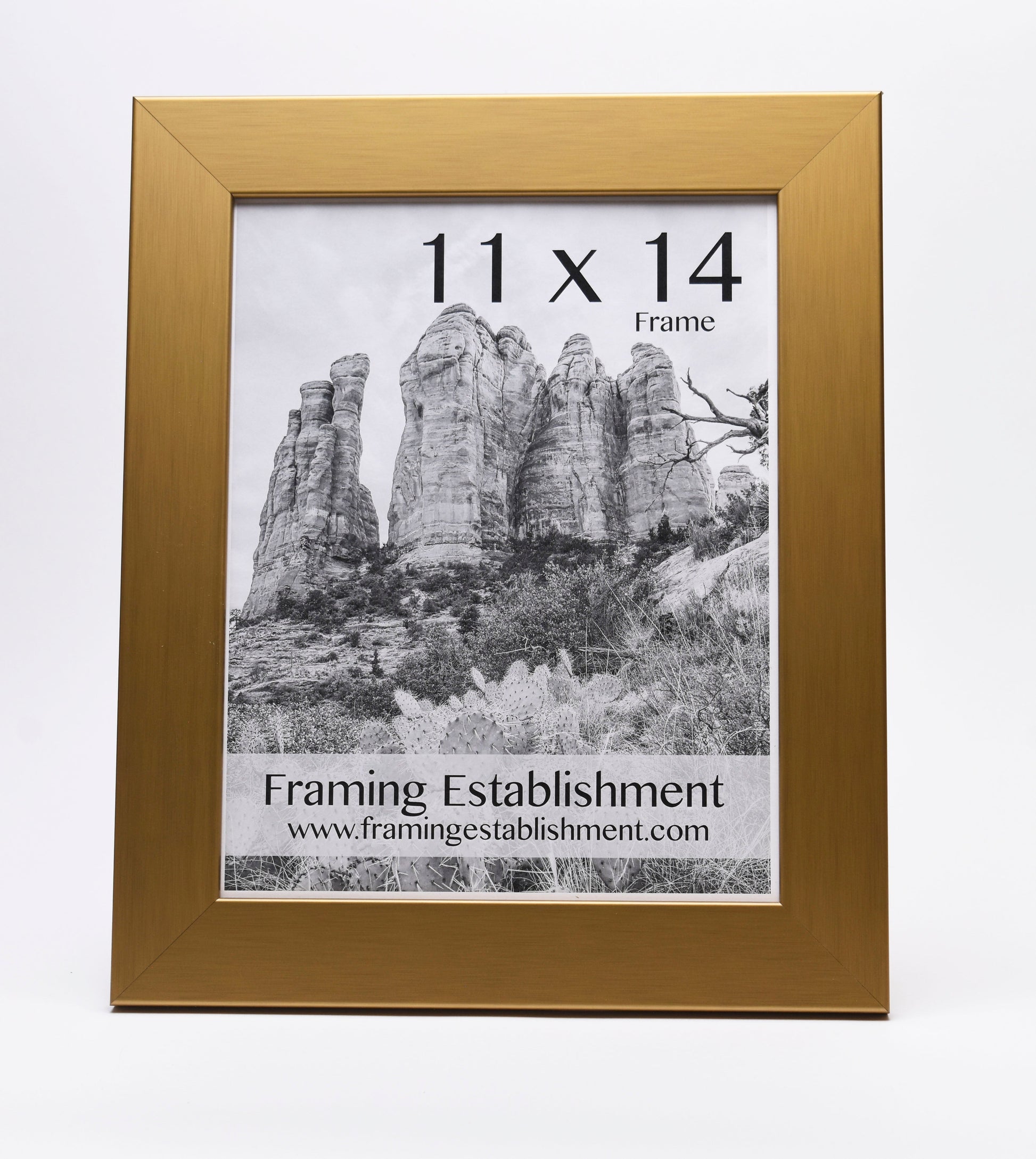A gold photo frame holding a black and white image of tall rock formations. The text "11 x 14 Frame" and "Framing Establishment" is visible below.
