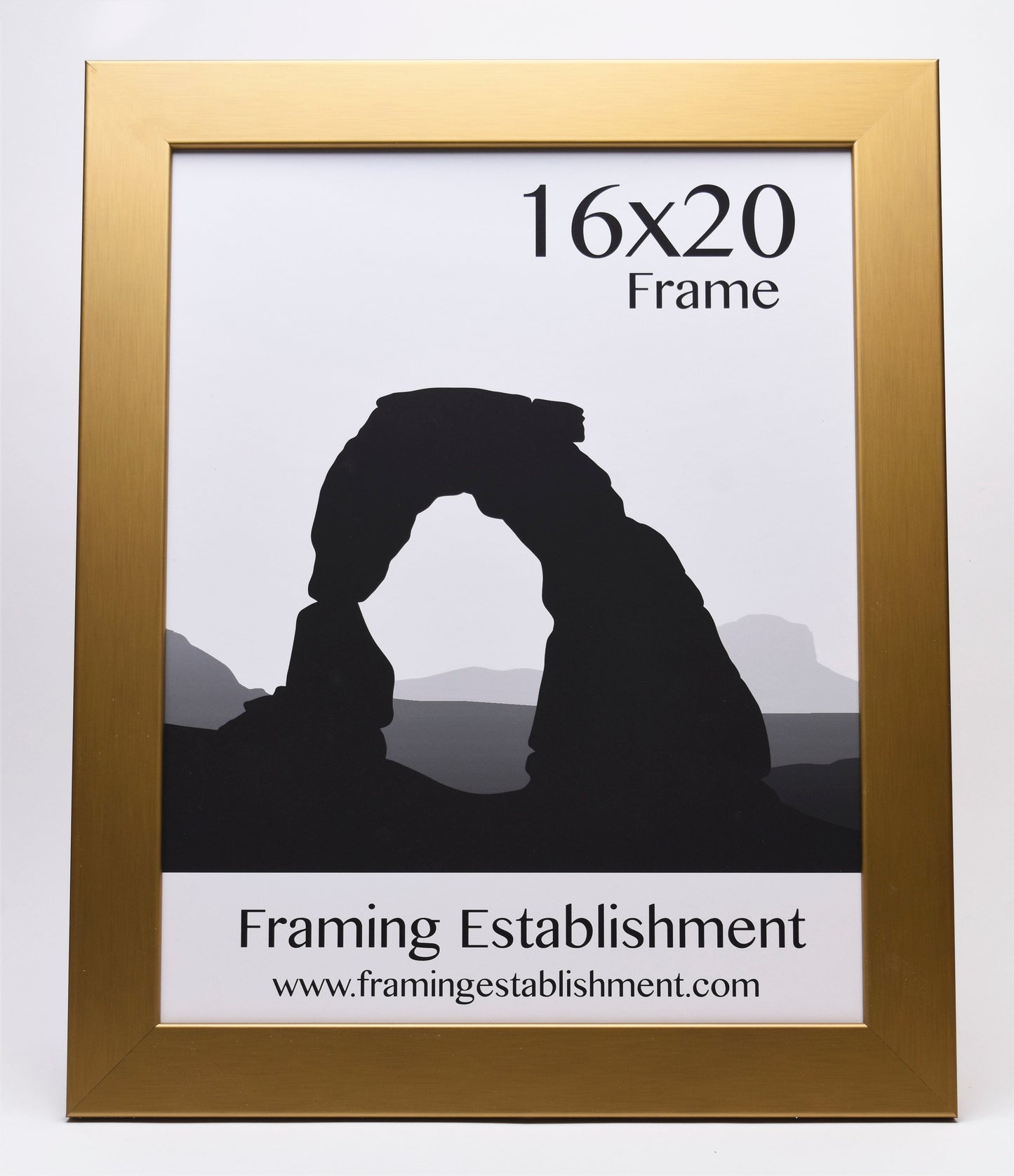Gold frame with a silhouette of a natural arch on a white background. Text reads "16x20 Frame" and "Framing Establishment" with a website link.