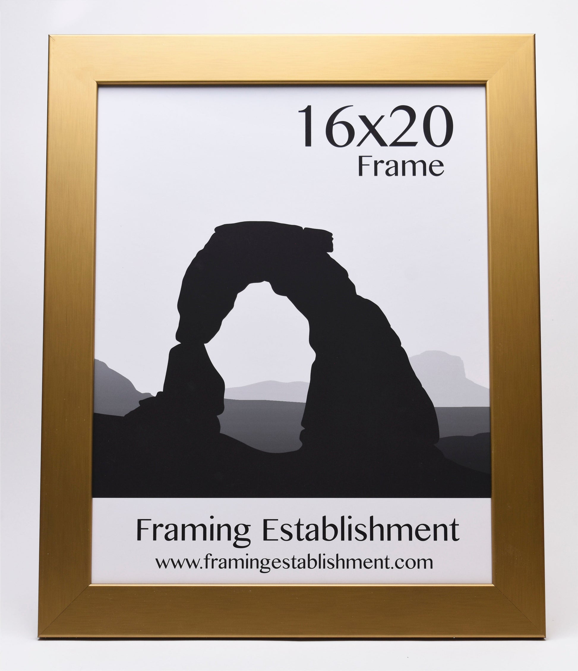 Gold frame with a silhouette of a natural arch on a white background. Text reads "16x20 Frame" and "Framing Establishment" with a website link.