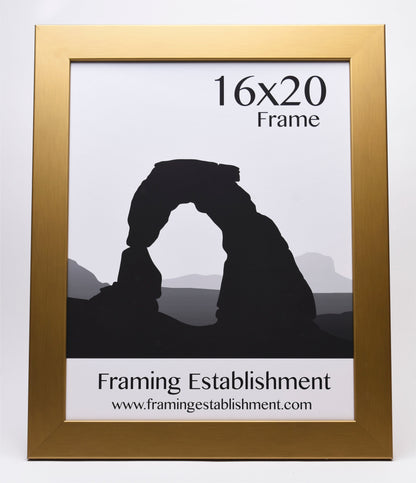 Gold frame with a silhouette of a natural arch on a white background. Text reads "16x20 Frame" and "Framing Establishment" with a website link.