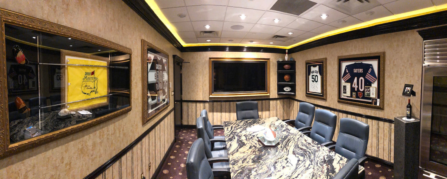 Modern home theater with comfortable seating and decorative elements.