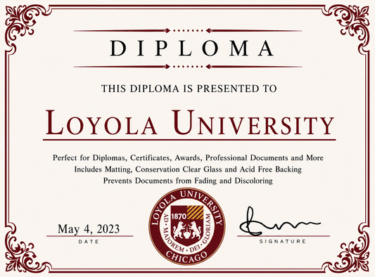 Loyola University diploma cover with decorative border and text