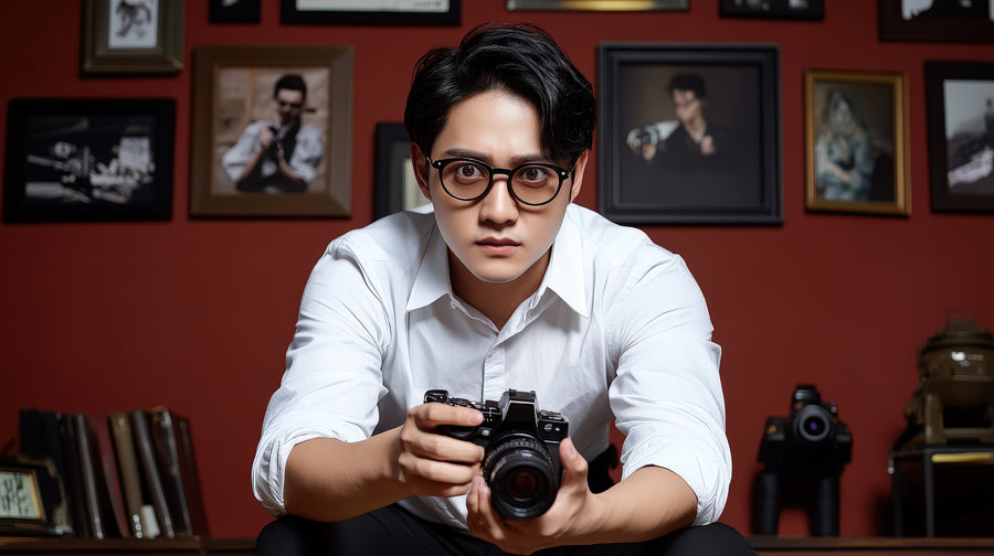 Man in white shirt and glasses holds camera, seated in a room with a red wall and several framed photos. Intense focus and concentration.