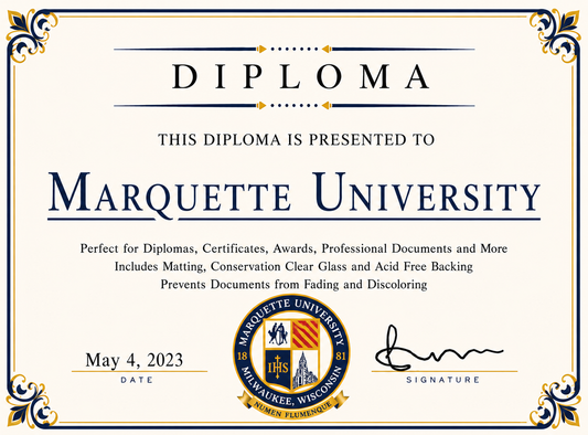 Marquette University diploma cover with decorative elements and text.