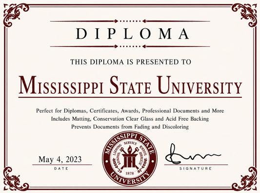 Mississippi State University diploma cover with decorative elements and text.