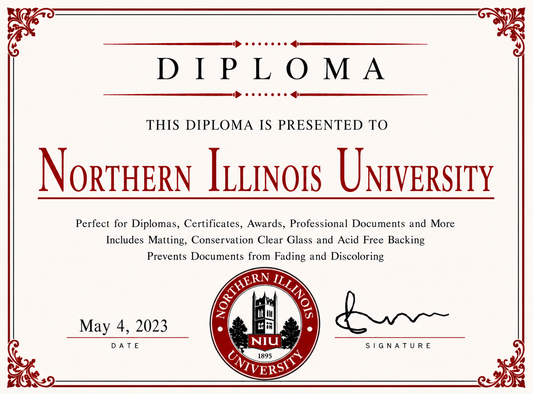 Diploma cover from Northern Illinois University with red border and text.