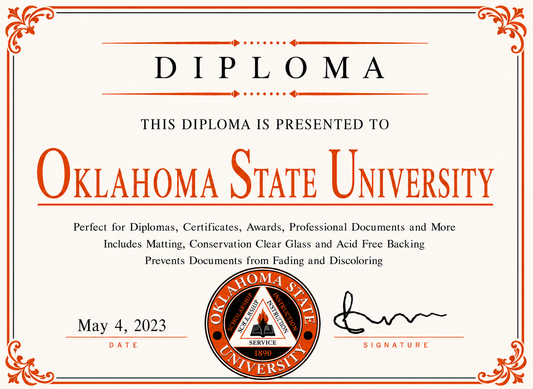 Diploma cover with 'Oklahoma State University' branding and decorative elements.