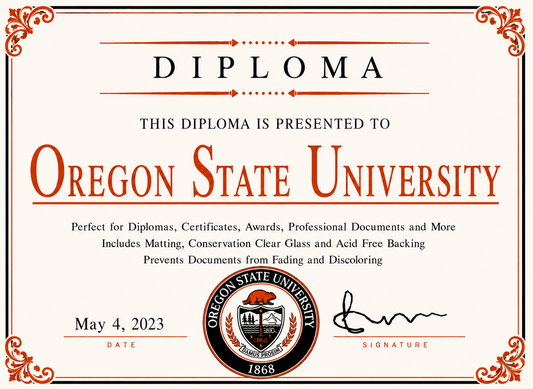Diploma cover with 'Oregon State University' branding and decorative elements.